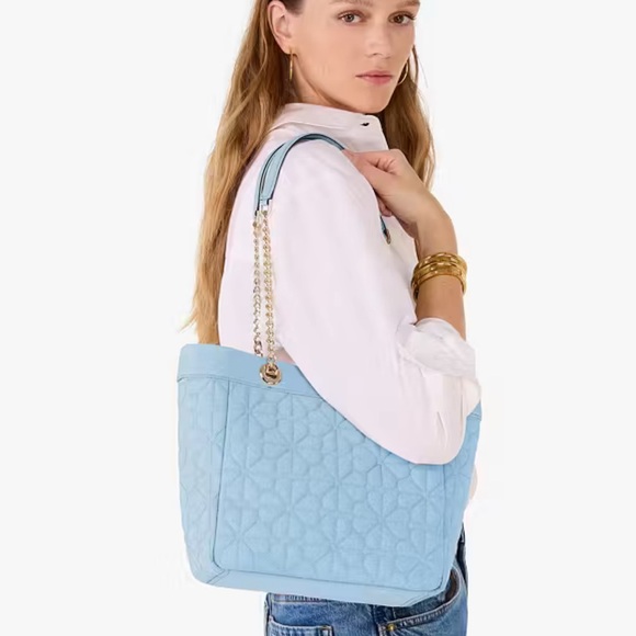Kate Spade Spade Flower Quilted Fabric Medium Tote & Cosmetic Pouch Montauk Blue - Picture 11 of 16